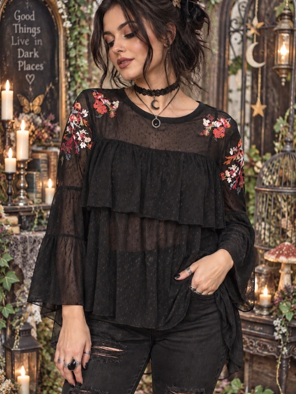 VTG Wild Hart Black Sheer Ruffle Blouse w/ Floral  Embroidery Dark Romantic